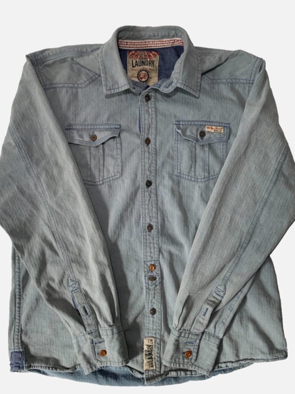Tokyo Laundry Men's Chambray Button-Up Shirt Size Large Blue Herringbone Blue H